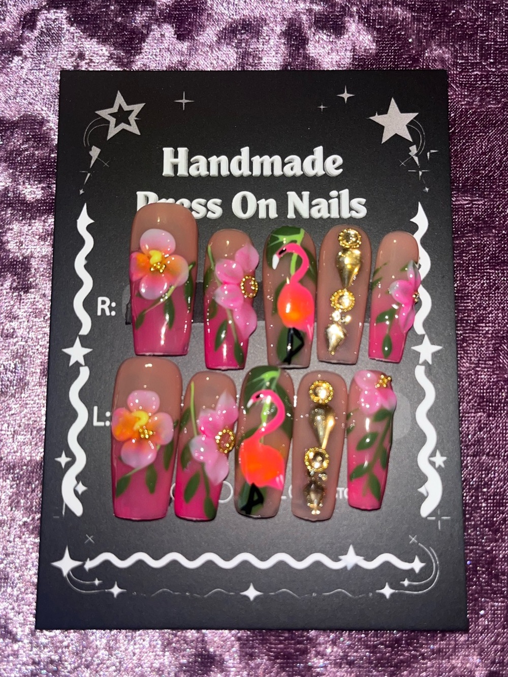 Handmade Pink Floral & Flamingo Press-On Nail Set